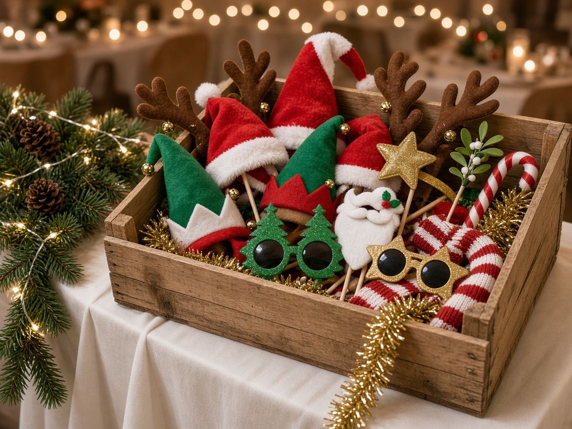 Holzkiste mit Weihnachtsmützen, Rentiergeweihen, Elfenmützen, Sternenbrillen, Weihnachtsmann-Bart, Zuckerstange und goldener Lametta-Boa