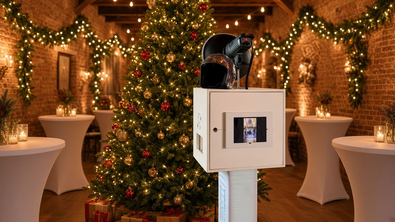 Weiße Fotobox mit Studioblitz vor einem geschmückten Weihnachtsbaum in einem Saal mit Lichterketten