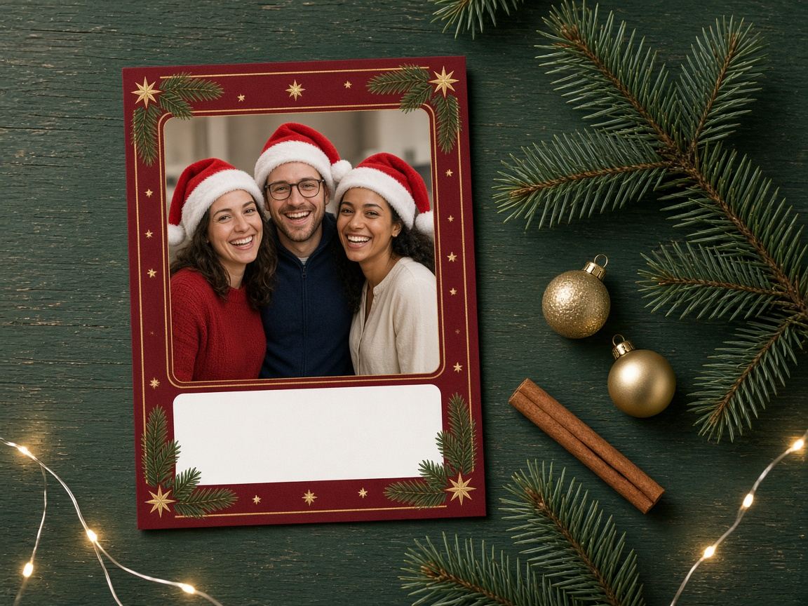 Fotobox-Ausdruck mit weihnachtlichem Rahmen in Rot und Gold, Tannenzweigen und freiem Feld für das Firmenlogo