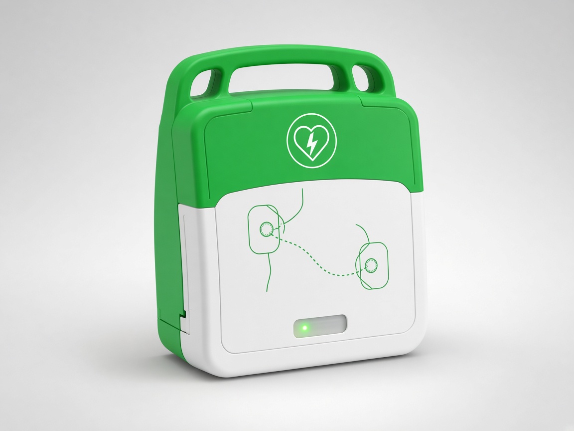 Grün-weißer Defibrillator mit Herz- und Blitzsymbol, wie er am REWE Wehrheim stehen soll