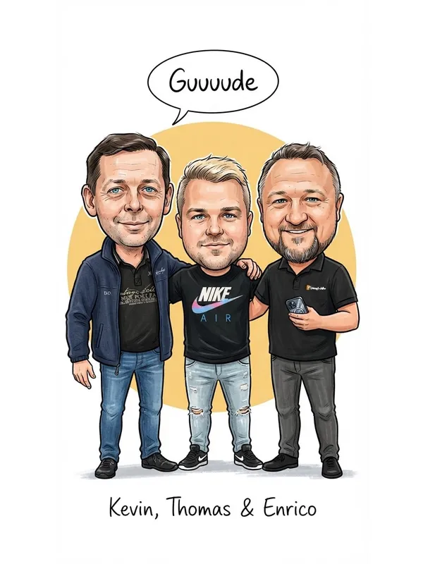 Skizze von drei Freunden mit Gruß Guuuude