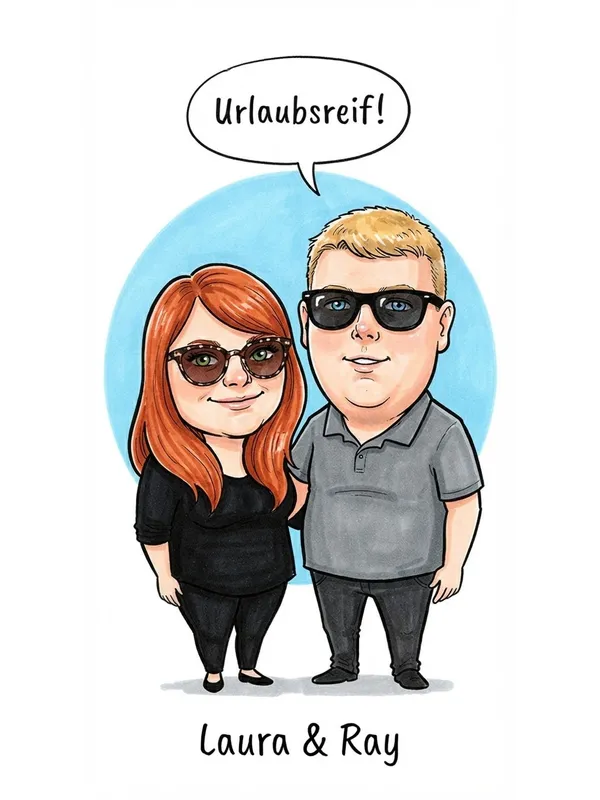 Skizze eines Paares mit Gruß Urlaubsreif
