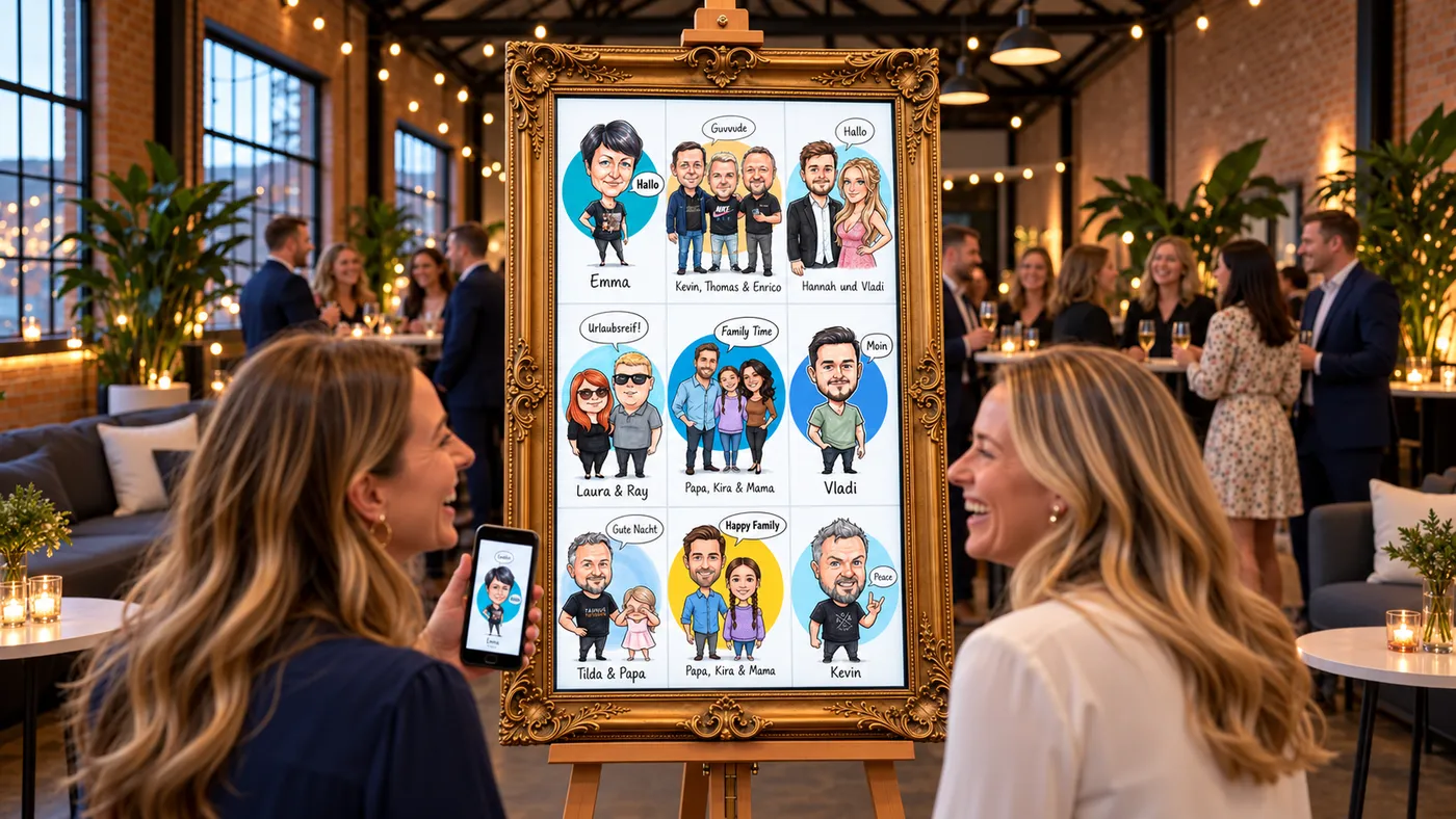 SmileSketch-Wall auf einer Feier: Gäste scannen den QR-Code, die gezeichneten Bilder erscheinen auf dem Bildschirm
